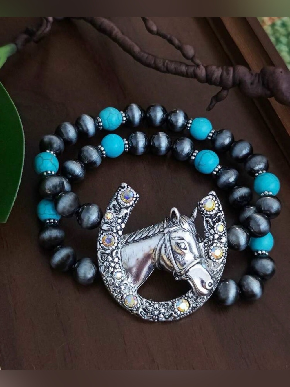 Western Bracelet Turquoise & Gray Beads Silver Tone Horse Head Beaded Bracelet